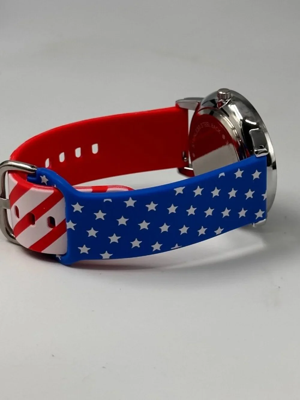 Patriotic Women Watch Silver Tone Red White Stars Stripes Band New Battery